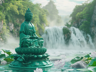 buddha statue on a waterfall zen garden background, spirituality and meditation, peace and love,...