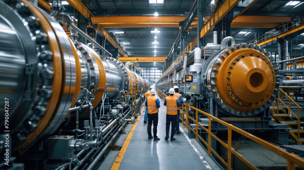 Poster team of maintenance workers inspecting a massive industrial machine with meticulous precision at fac