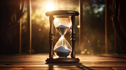 Hourglass on wooden background. Time concept. - obrazy, fototapety, plakaty