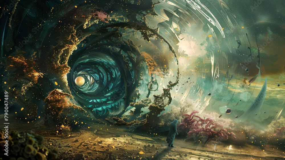 Poster a large, swirling vortex of space with a person standing in the middle of it. the scene is filled wi