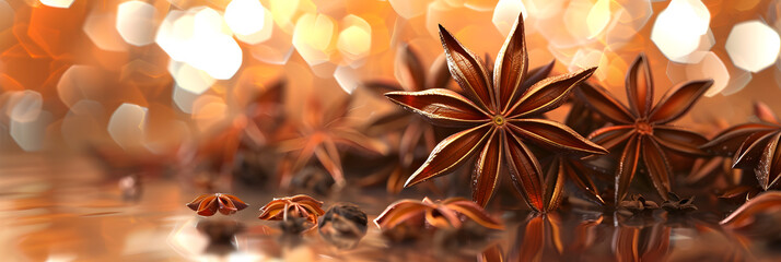 Close up of Aromatic anise stars on shining surface with shiny bokeh background. - obrazy, fototapety, plakaty
