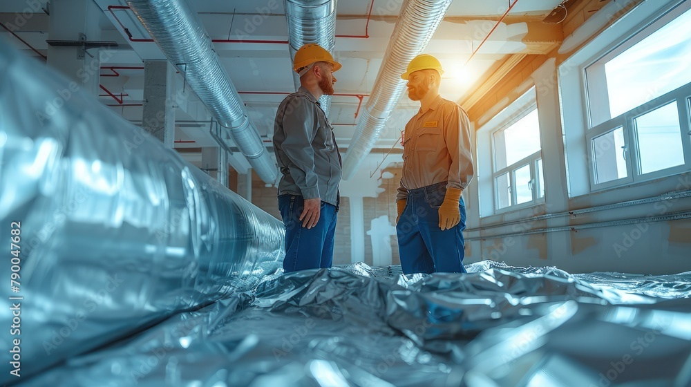 Aufkleber two hvac technicians in the middle of an installation process in a bright at modern home. generative