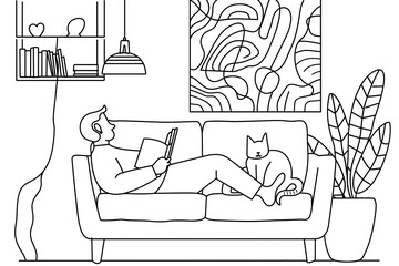 Coloriage minimaliste d'un homme lisant sur le canapé avec un chat - obrazy, fototapety, plakaty