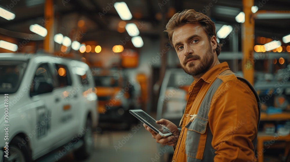 Aufkleber young taxi company owner with a tablet standing with a mechanic dressed like a mechanic in a garage.