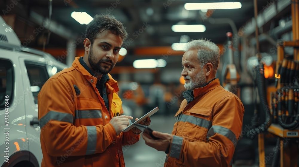 Poster young taxi company owner with a tablet standing with a mechanic dressed like a mechanic in a garage.