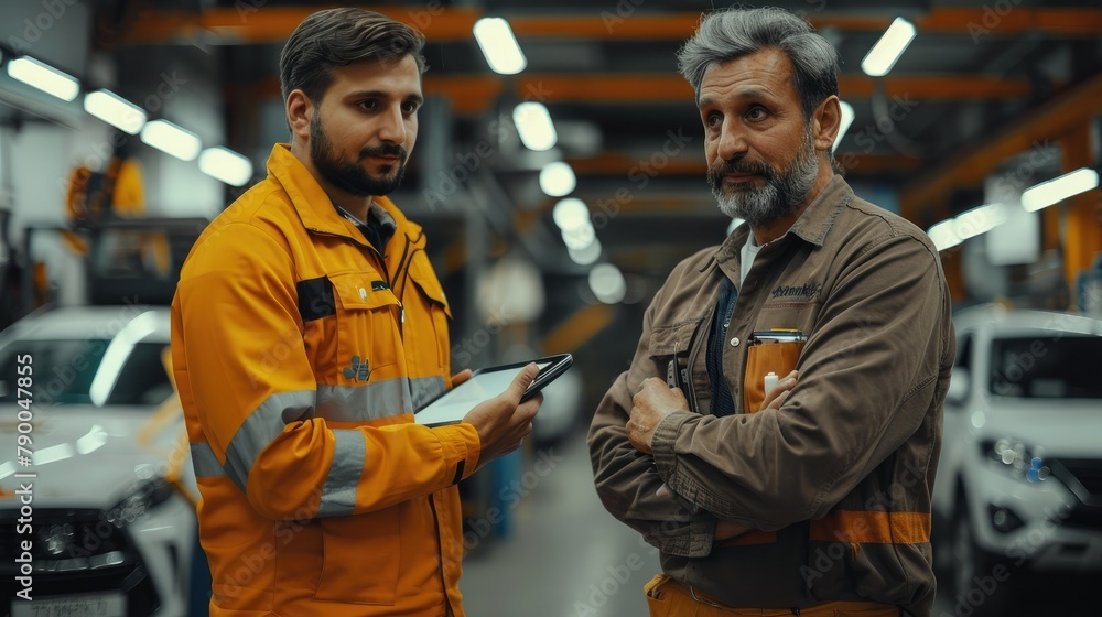 Poster young taxi company owner with a tablet standing with a mechanic dressed like a mechanic in a garage.