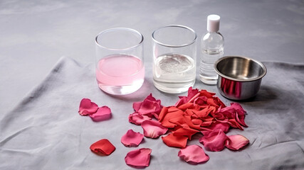 Rose petals in a glass of water and rose petals on a gray background