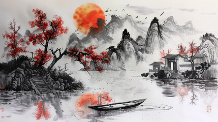Rural Village at Sunset: A Chinese Ink Landscape