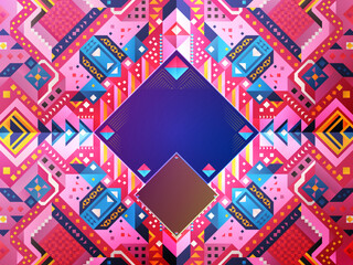 Vector abstraction, pattern, kaleidoscope, background from flat multi-colored triangles. With a central part for an inscription or symbol.