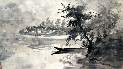 Chinese ink landscape: A small village by a lake with a boat, depicting rural life.