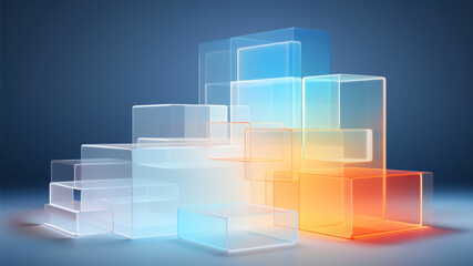 Colorful glass cubes on blue background, 3d render illustration.
