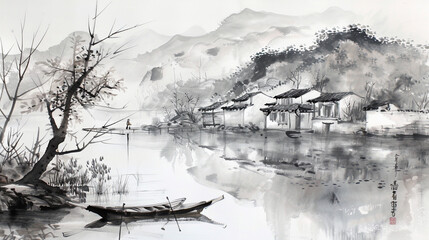 Tranquil lake scene in a Chinese ink wash, featuring a small village and a boat.