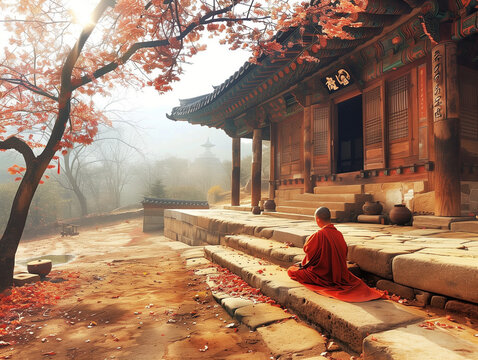 Tranquil Korean temple at dawn, monk meditates under cherry blossoms.
