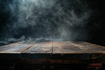 Misty Atmosphere - Fog and Haze Over Wooden Surface - Abstract Halloween Background. Beautiful simple AI generated image in 4K, unique. - obrazy, fototapety, plakaty