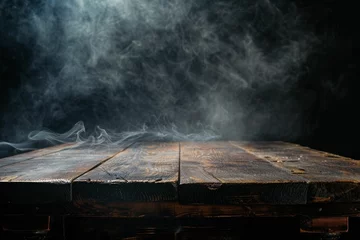 Poster Misty Atmosphere - Fog and Haze Over Wooden Surface - Abstract Halloween Background. Beautiful simple AI generated image in 4K, unique. © ArtSpree