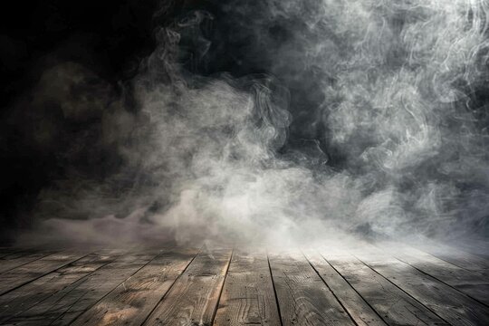 Smoke rising from empty wooden table on dark background - product display space. Beautiful simple AI generated image in 4K, unique.