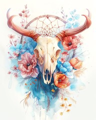 Dreamy watercolor of a dreamcatcher blending an ethereal animal skull with soft