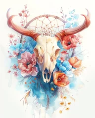 Zelfklevend Fotobehang Aquarel doodshoofd Dreamy watercolor of a dreamcatcher blending an ethereal animal skull with soft