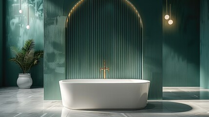 Beautiful bathroom, in the center there is a white semicircular bathtub, the background is dark green. Generative AI.