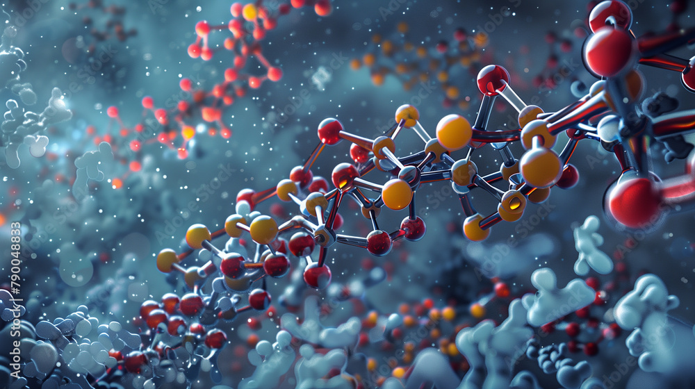 Poster a close-up of a molecule with many small spheres. the spheres are of different sizes and colors. the