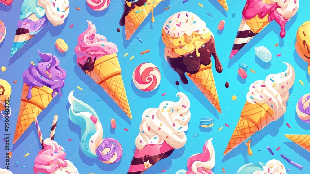 Poster a vibrant pattern featuring colorful ice cream cones and striped candy sticks is displayed in this d