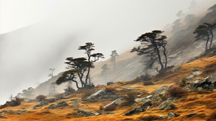Beautiful mountain landscape with pine trees on a hillside in the fog