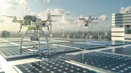 Drone capturing solar panel on urban rooftop with city skyline as backdrop