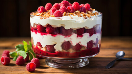 Raspberry parfait with whipped cream and fresh raspberries