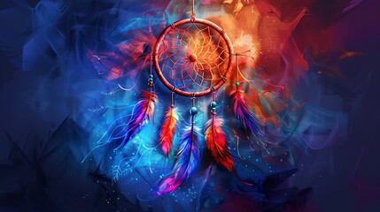 Clipart of a mystical dreamcatcher in watercolor style featuring vibrant hues and flowing designs. - obrazy, fototapety, plakaty