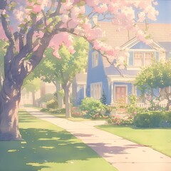 Step into a blossoming haven with this captivating stock image showcasing a picturesque cul-de-sac neighborhood in the heart of spring. - obrazy, fototapety, plakaty