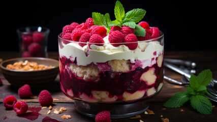 Raspberry cheesecake with fresh raspberries and mint, selective focus