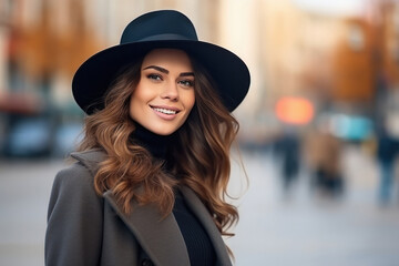 young woman wearing hat and standing at city street