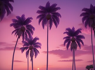Fototapeta na wymiar 紫とピンクの夕焼けに囲まれたヤシの木