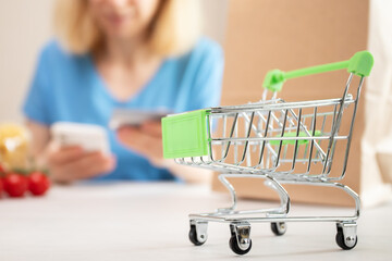 Online shopping, shopping cart on background woman with phone and bank card, grocery delivery, food...