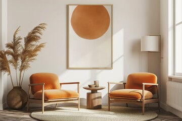 Modern interior design with two orange armchairs and a large poster on the wall. Minimalistic home decor
