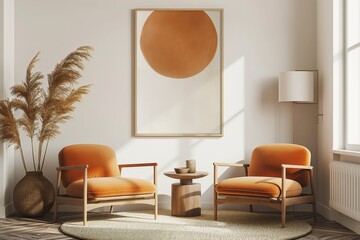 Modern interior design with two orange armchairs and a large poster on the wall. Minimalistic home decor