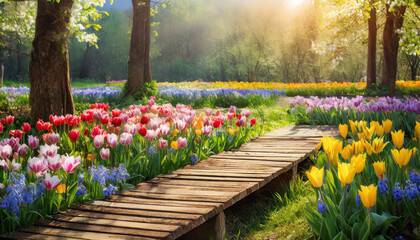 wooden platform, spring, spring landscape, flowers and clouds, colorful landscape