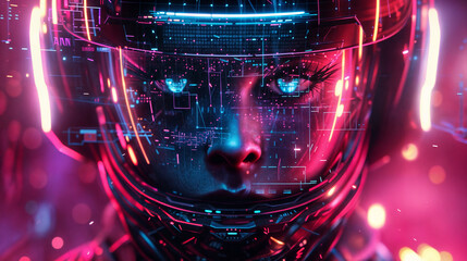 Closeup of a young woman in the future wearing VR or AR headset - obrazy, fototapety, plakaty