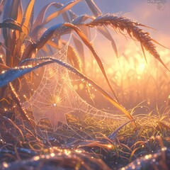 Bask in the serene glow of a morning sunrise, where life thrives under dewy spiderwebs. This enchanting scene captures the essence of nature's beauty and resilience. - obrazy, fototapety, plakaty