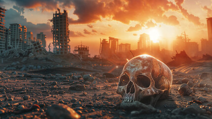 The fall of mankind was swift and devastating, a skull lays in front of a fallen human city - obrazy, fototapety, plakaty