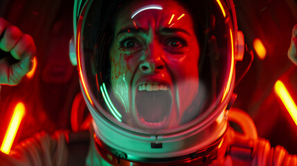 Cinematic scene of woman in spacesuit screaming in horror