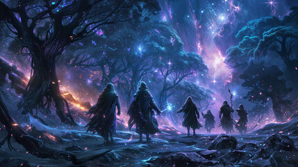 Group of fantasy adventurers walking through a mystical forest at night