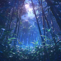 A tranquil bamboo forest at night, bathed in the soft glow of a moonlit sky. This ethereal scene invites wanderlust and exploration, evoking a sense of serene solitude.