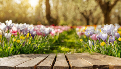 
wooden platform, spring, spring landscape, flowers and flower bulbs, colorful landscape, orchard, bokeh