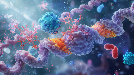 A colorful image of a virus with a pinkish-purple background. The virus is surrounded by other viruses, and the background is filled with other viruses as well. Concept of chaos and disorder