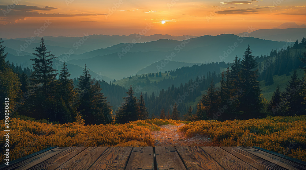 Poster A serene mountain scape at sunset with a warm and dark color palette, pine trees dotting the rolling foothills. A dark oak table with rich textures sits at the bottom of the frame. Generative AI.
