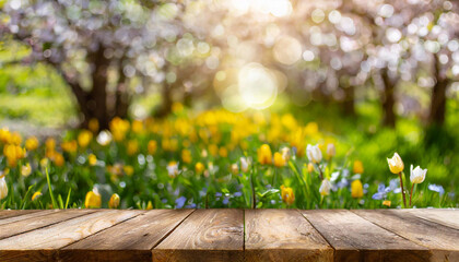 
wooden platform, spring, spring landscape, flowers and flower bulbs, colorful landscape, orchard,...