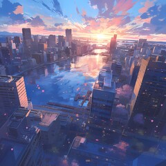 Majestic Metropolis at Dusk: A Stunning Urban Skyline with Sunlit Buildings and Calm Waterways - obrazy, fototapety, plakaty