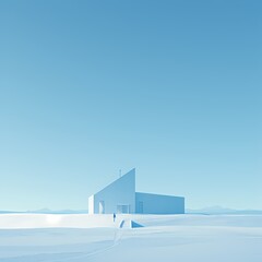 Serene Overhead Shot of a Minimalistic White Chapel in a Desert Setting with Blue Sky and Snowy Ground