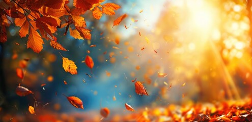 Autumn colorful bright leaves swinging in a tree in autumnal park fall  background